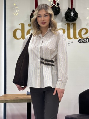 Ayhan Kadın Kemer Detaylı Çizgili Gizli Düğmeli Gömlek