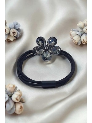 RALBAX Giroflee Lastik Saç Tokası – Füme Kristal Taşlı Çiçek Tasarımlı Şık Kadın Aksesuar