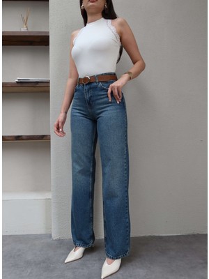Esra Helvacı Kemerli Yüksek Bel Straight Jean