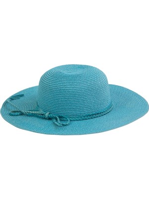 Bay Şapkacı Bağcıklı Kadın Geniş Kenarlı Hasır Şapka - Turkuaz Örgü Şerit Detaylı Geniş Kenarlı Kadın Hasır Plaj Şapkası