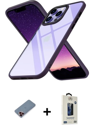 iPhone 13 Pro Max Nova Işık Serisi - Siyah Bilvis Hayalet Cam Ekran Koruyucu + Kırmızı Metal Kamera Lens Koruma Cam