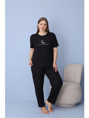 Pijamoni Kadın Büyük Beden Dublin Kumaş Kısa Kollu Siyah Pijama Takımı
