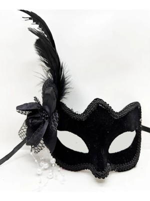 Siyah Süet Yandan Tüylü Incili Parti Maskesi