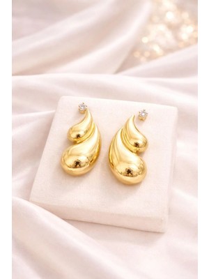 Ascera 316L Çelik Altın Renk Damla Küpe Zirkon Taşlı Kararmayan Minimal Şık Kadın Küpe