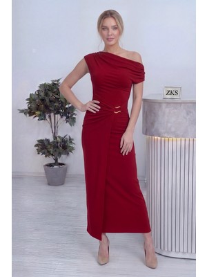 Thezkscom- Kadın Düşük Omuz Bel Aksesuarlı Midi Boy Elbise Kırmızı, Siyah