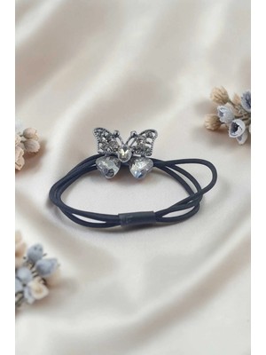 RALBAX Chicoree Lastik Saç Tokası – Füme Kristal Taşlı Kelebek Tasarımlı Şık Kadın Aksesuarı