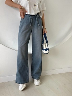 Fehu Bloom Beli Lastikli Geniş Paça Pantolon Mavi