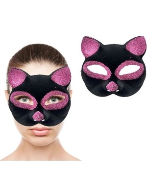 Siyah Renk Pembe Simli Kedi Maskesi