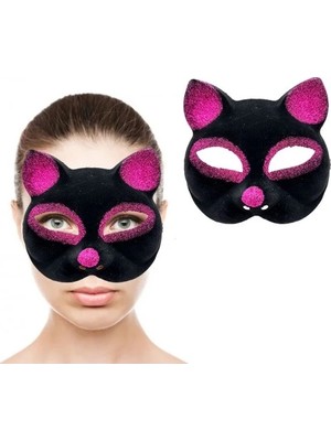 Siyah Fuşya Simli Süet Kedi Maskesi