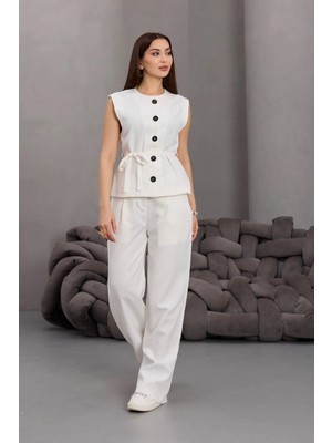 Fehu Bloom Kuşaklı Dokuma Yelek Kemer Detay Beyaz Yüksek Bel Pantolon Takım
