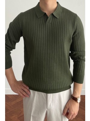Cool Tarz Erkek Slim Fit Polo Yaka Haki Triko Kazak Uzun Kol Modern Stil