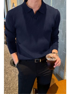 Cool Tarz Erkek Polo Yaka Lacivert Triko Kazak Slim Fit Modern Tasarım