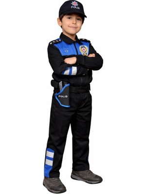 Single Sword Unisex Çocuk Polis Kıyafeti (Şapka, Gömlek, Pantolon Takımı)  - 8-Yunus