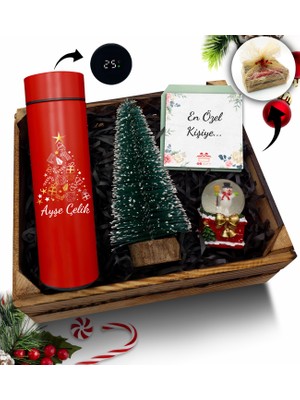 As Gift Kasa Içerisinde Kişiye Özel Kırmızı Termos & Çam Ağacı& Kar Küresi Hediye Seti