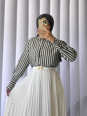 Modamorfo Çizgili Oversize Düğmeli Gömlek -Siyah