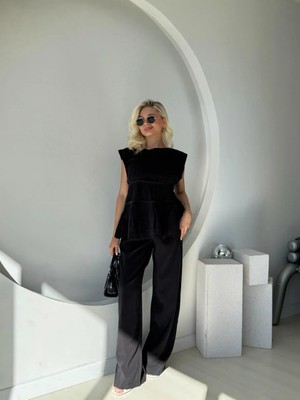 Fehu Bloom Nervürlü Bluz Pantolon Takım Siyah