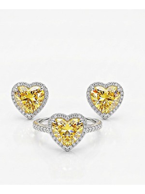 Leifa Jewelry Sitrin Taşlı 925 Ayar Gümüş Kalp Tasarım Set (Küpe & Yüzük)