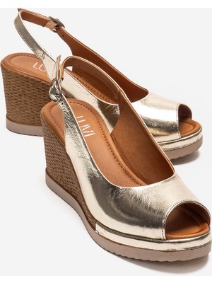Luvi Helına Altın Hakiki Deri Kadın Dolgu Topuklu Sandalet