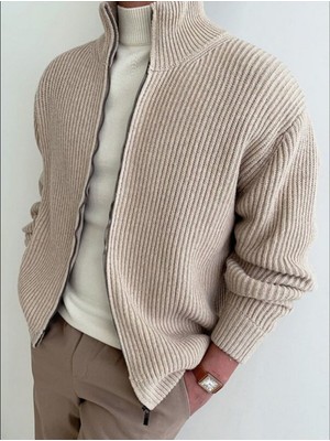 Tarz Cool Erkek Dik Yaka Fermuarlı Slim Fit Triko Hırka