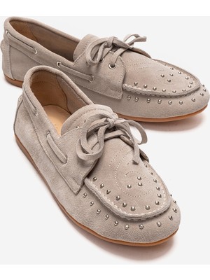 Luvi Cuesta Bej Süet Hakiki Deri Troklu Bağcıklı Kadın Loafer Ayakkabı