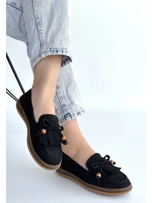 Mesga Butik Boriy Siyah Deri Tozu Süet Babet Ayakkabı