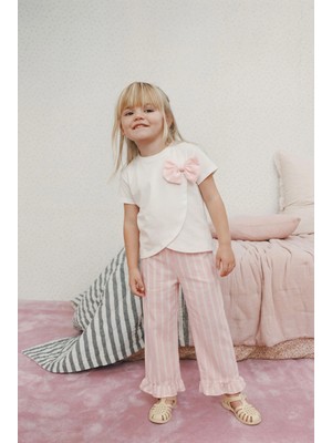Magu Kız Çocuk Pamuklu Beyaz Fiyonk Detaylı Tişört Pantolon Takım - Pembe Çizgili