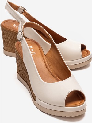 Luvi Helına Krem Hakiki Deri Kadın Dolgu Topuklu Sandalet