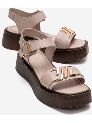 Luvi Lone Buz Hakiki Deri Tokalı Kadın Kalın Tabanlı Sandalet
