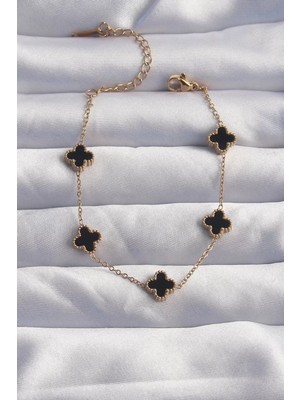 Aydogan's 316L Çelik Baby Boy Gold Renk Siyah Mineli Yonca Bileklik - TJ-BB6276