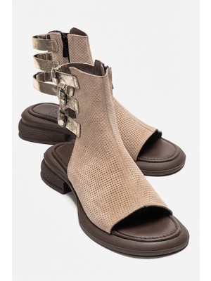 Luvi Carına Bej Süet Hakiki Deri Yandan Fermuarlı Kadın Sandalet