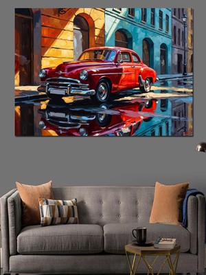 Artmeg Islak Sokakta Klasik Kırmızı Araba Dekoratif Kanvas - Mdf Ahşap Tablo