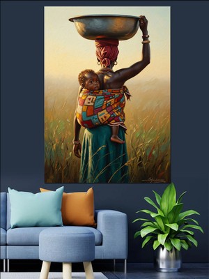 Karizma Tablo Sırtında Bebek Taşıyan Afrikalı Anne Dekoratif Kanvas - Mdf Ahşap Tablo