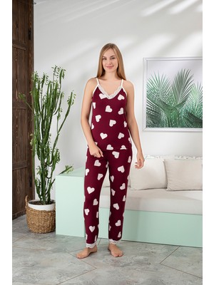 Piove Kadın Kalp Desenli Askılı Pijama Takımı – Bordo Dantelli Uzun Pijama
