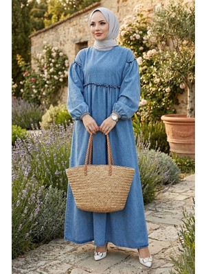 Hafsa Mina Büzgülü Kot Elbise Açık Mavi HM2895