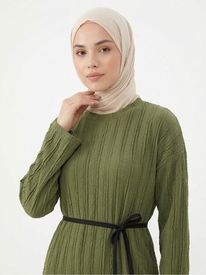 Foremia Pilise Dokulu Kemer Detay Elbise-Haki -