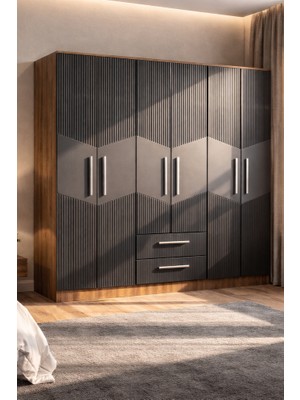 Mobilique Karbon No.5 Altı Kapaklı Iki Çekmeceli 5raflı Gardırop Çam-Antrasit