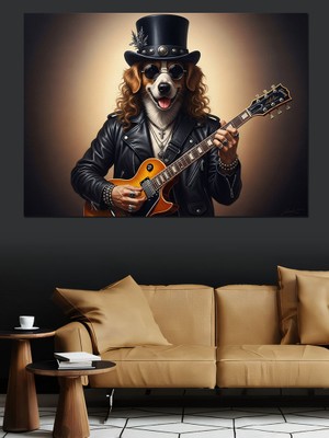 Artmeg Gitar Çalan Şapkalı Karizmatik Köpek Dekoratif Kanvas - Mdf Ahşap Tablo