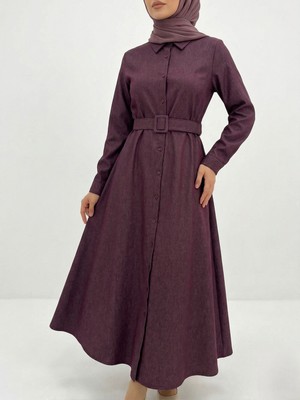 Foremia Kaplama Kemer Detay Patlı Elbise-Bordo -