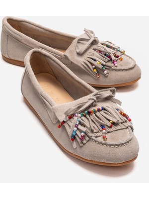 Luvi Evelyn Bej Süet Hakiki Deri Püsküllü Boncuklu Kadın Loafer Ayakkabı