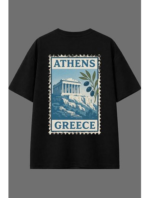 Vsrn Athens Greece Tasarım Arka Baskılı Siyah Oversize T Shirt