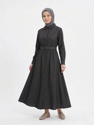 Foremia Kaplama Kemer Detay Patlı Elbise-Siyah -