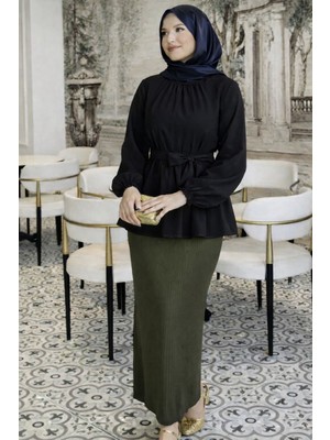 Cng Moda Tesettür Kuşaklı Kol Büzgülü Gömlek