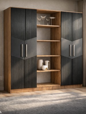 Mobilique Karbon No.6 Dört Kapaklı 6raflı Gardırop Çam-Antrasit