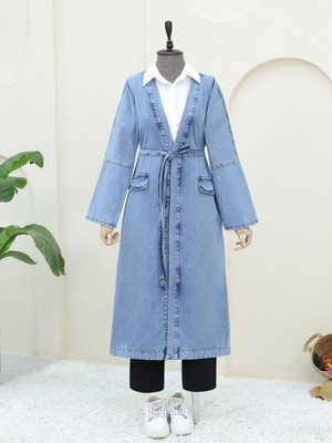 Modamorfo Cep Detaylı Kuşaklı Kot Kap -Buz Mavi