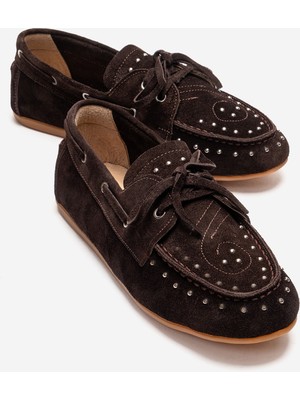 Luvi Cuesta Kahverengi Süet Hakiki Deri Troklu Bağcıklı Kadın Loafer Ayakkabı