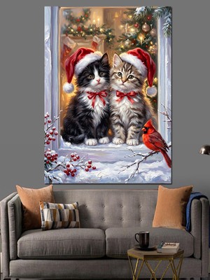 Karizma Tablo Pencere Önünde Iki Noel Kedisi Dekoratif Kanvas - Mdf Ahşap Tablo