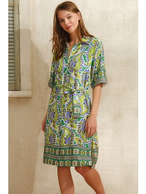 Anıl Kısa Yarım Kol Gömlek Yaka Kadın Viskon Çiçek Desenli Yazlık Elbise