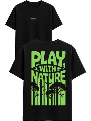 Vsrn Play With Nature Tasarım Baskılı Siyah Oversize T Shirt