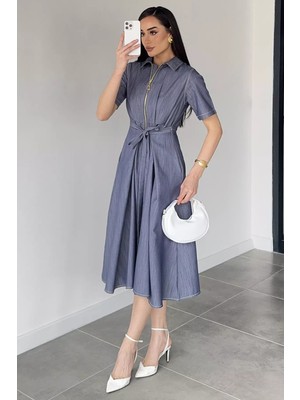Gülseli Kadın Polo Yaka Ön Fermuarlı Bel Bağlamalı Elbise P-00020934