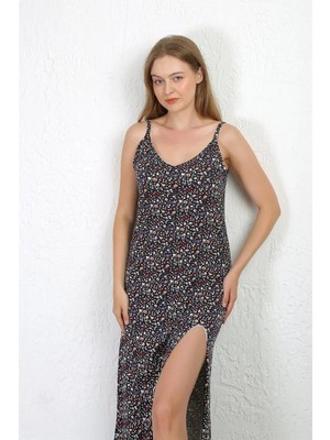 Hobilinka Ip Askılı Uzun Yırtmaçlı Penye Gecelik Lacivert